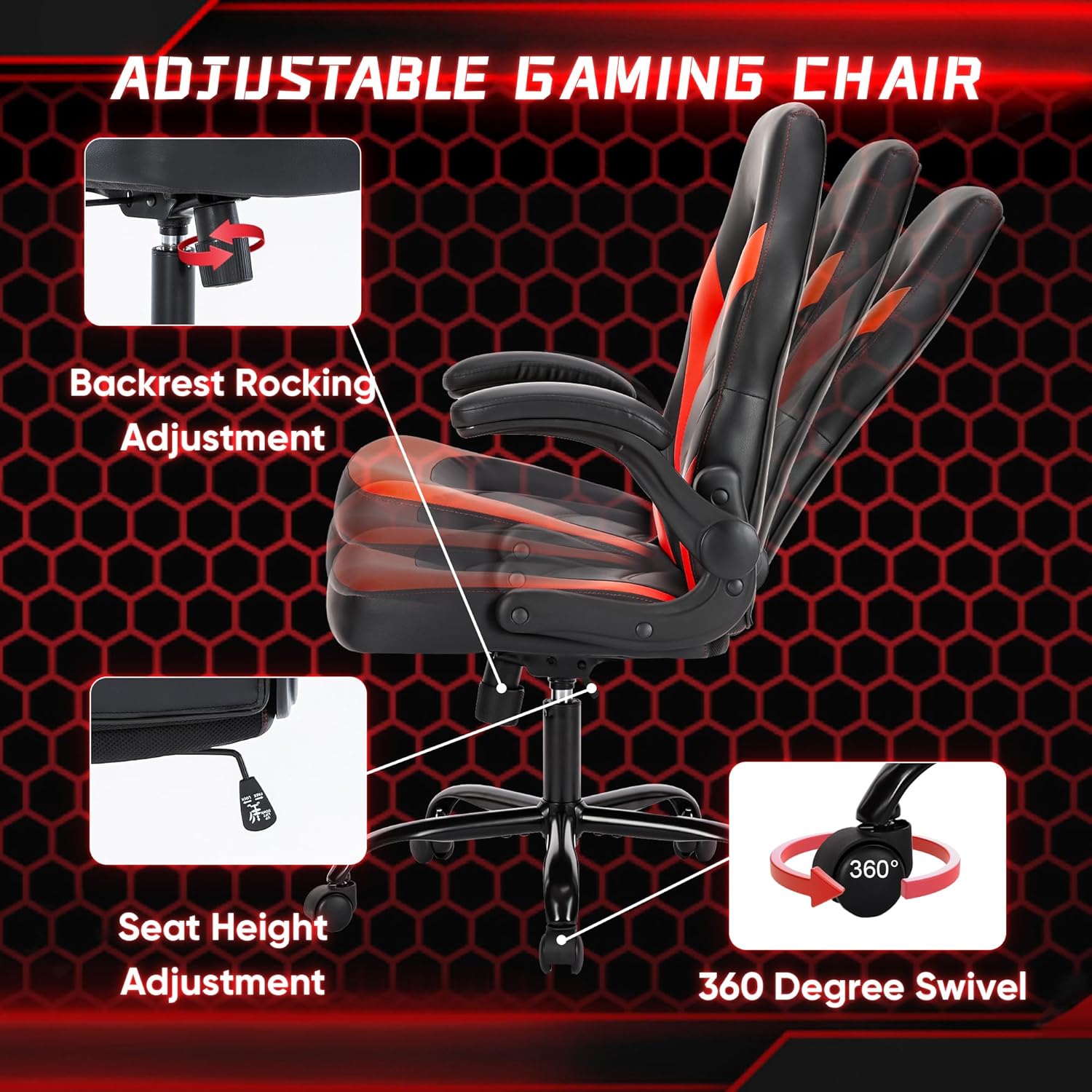 OLIXIS Computer Gaming Desk Chair - Ergonomic Video Game with Comfy Lumbar Support and headrest, PU Leather with Flip-up Arms, Adjustable Height and Swivel Wheels, for Adults, Black and Red