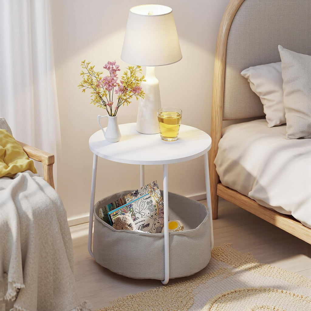 Homy Casa Modern Round End Table with Fabric Basket, Small Side Table Nightstand for Bedroom Nursery with Fabric Storage Basket for Living Room and Bedroom, White