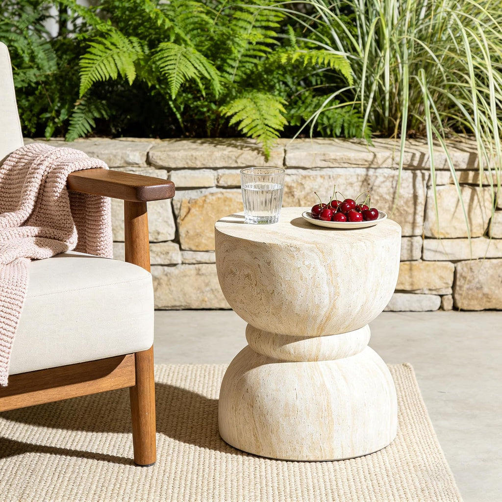 Outdoor Side Table, Round Waist End Table Indoor Imitation Natural Stone Texture Small Table for Living Room Patio Porch Garden Stool, Weather-Resistant