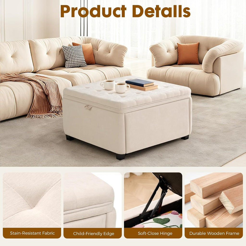 4-in-1 Storage Ottoman 30 Inch Large Hidden Storage Ottoman Foot Stool Square Ottoman Coffee Table with Soft-Close Hinge for Living Room (Ivory)