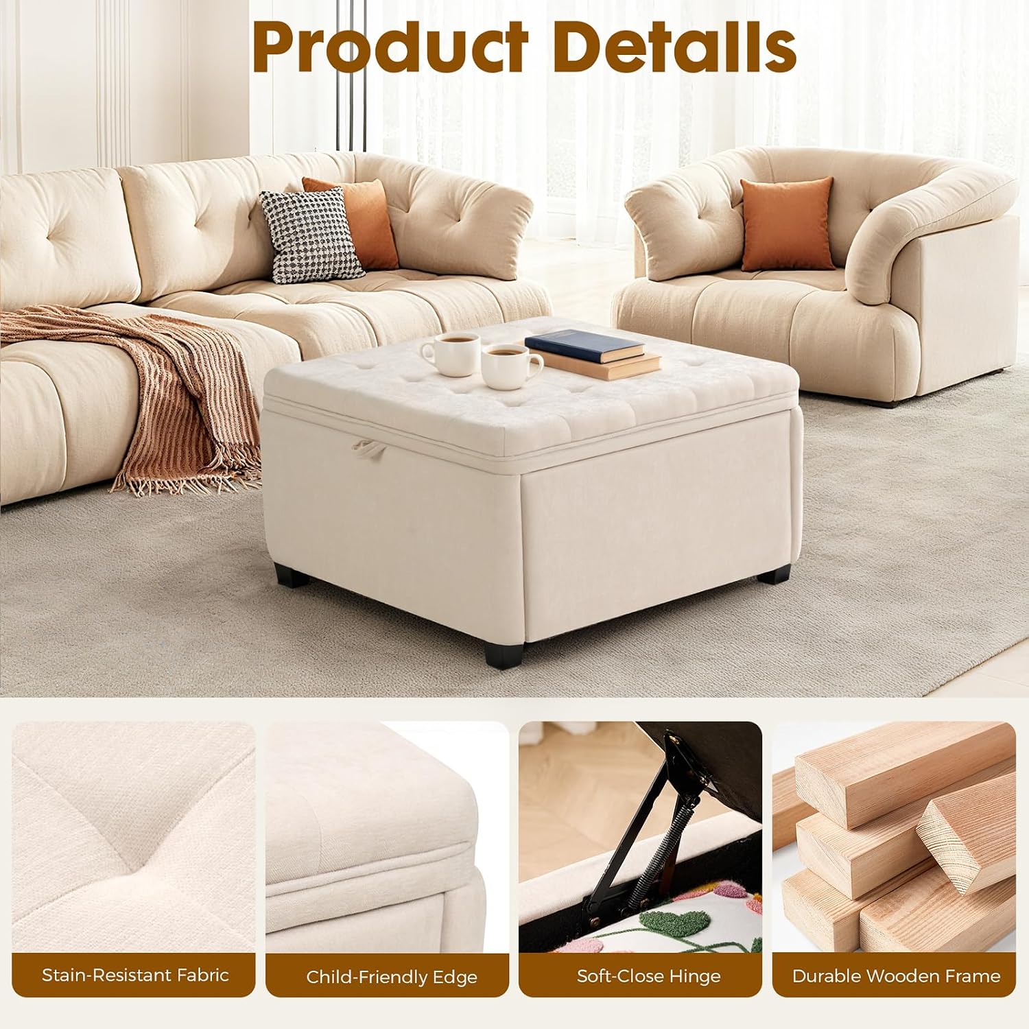 4-in-1 Storage Ottoman 30 Inch Large Hidden Storage Ottoman Foot Stool Square Ottoman Coffee Table with Soft-Close Hinge for Living Room (Ivory)
