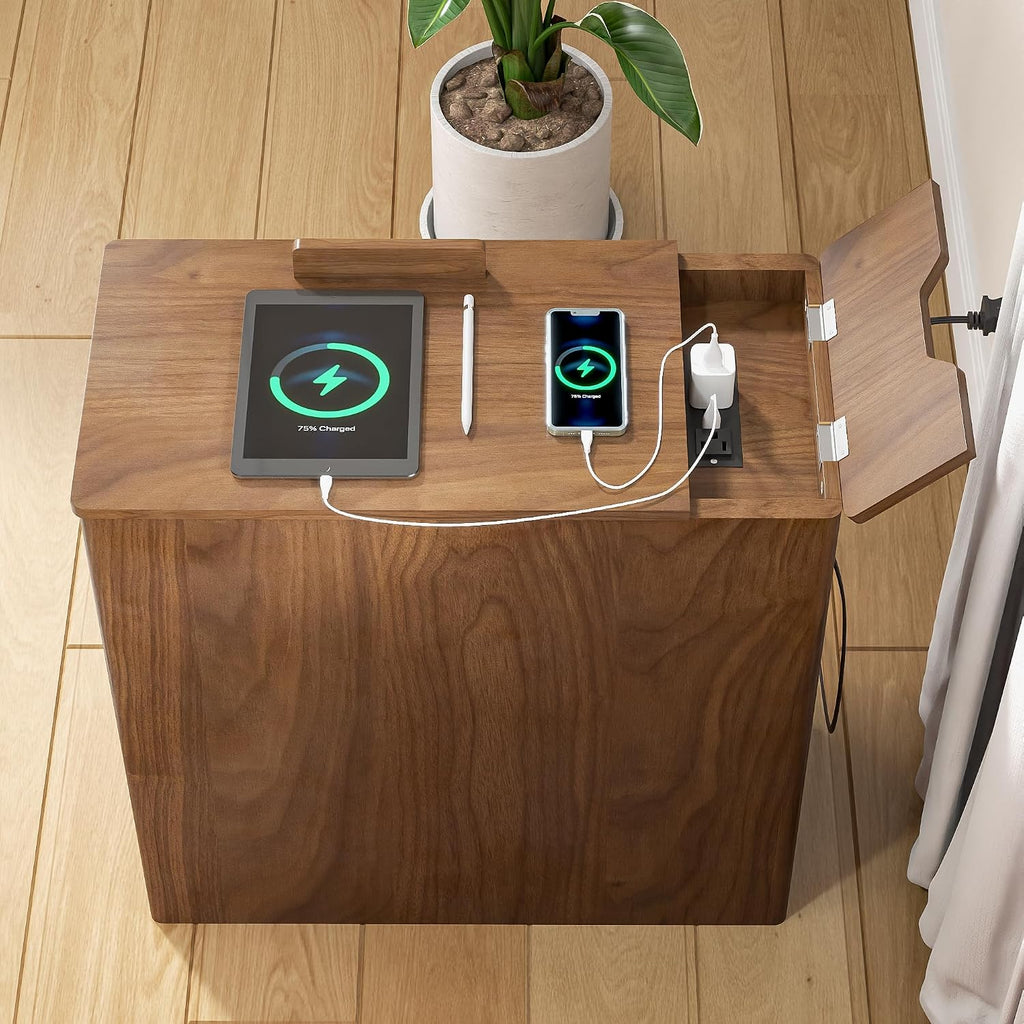 Narrow Side Table with Charging Station, End Table with Storage, Drawer and Wheels, Flip Top Small Modern Nightstand with USB Ports and Outlets for Living Room, Bedroom, Office (Walnut)