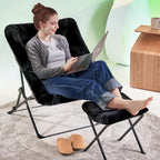 Walsham Folding Comfy Chair with Ottoman, Faux Fur Soft Cozy Lounge Reading Papasan Chair with Footrest for Adults Kids Bedroom Living Room Dorms Small Space, Black