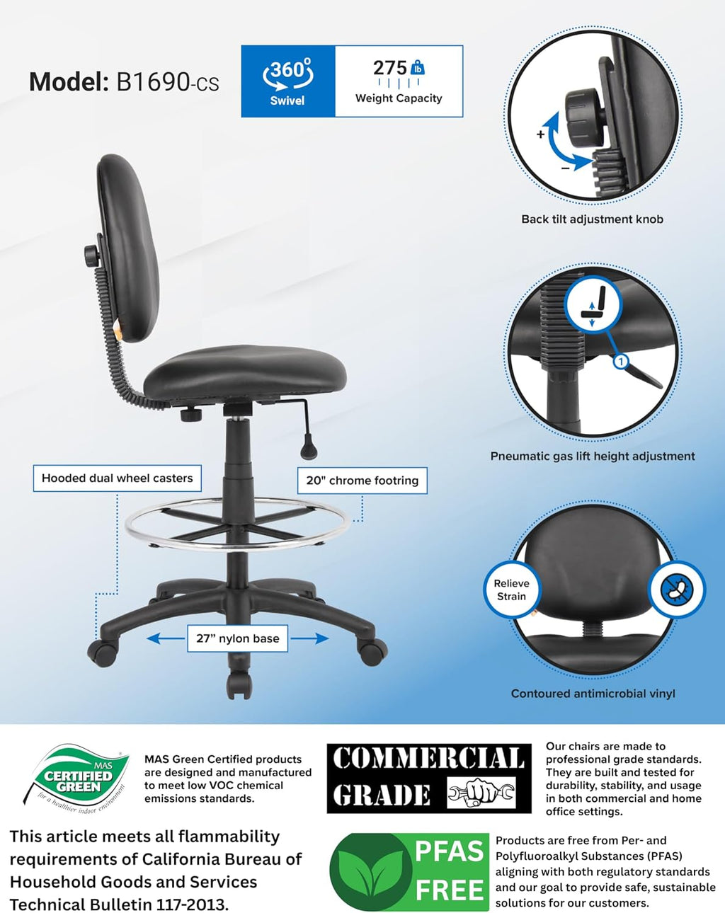 Boss Office Products Stand Up Caressoft Drafting Stool Without Arms in Black (B1690-CS)