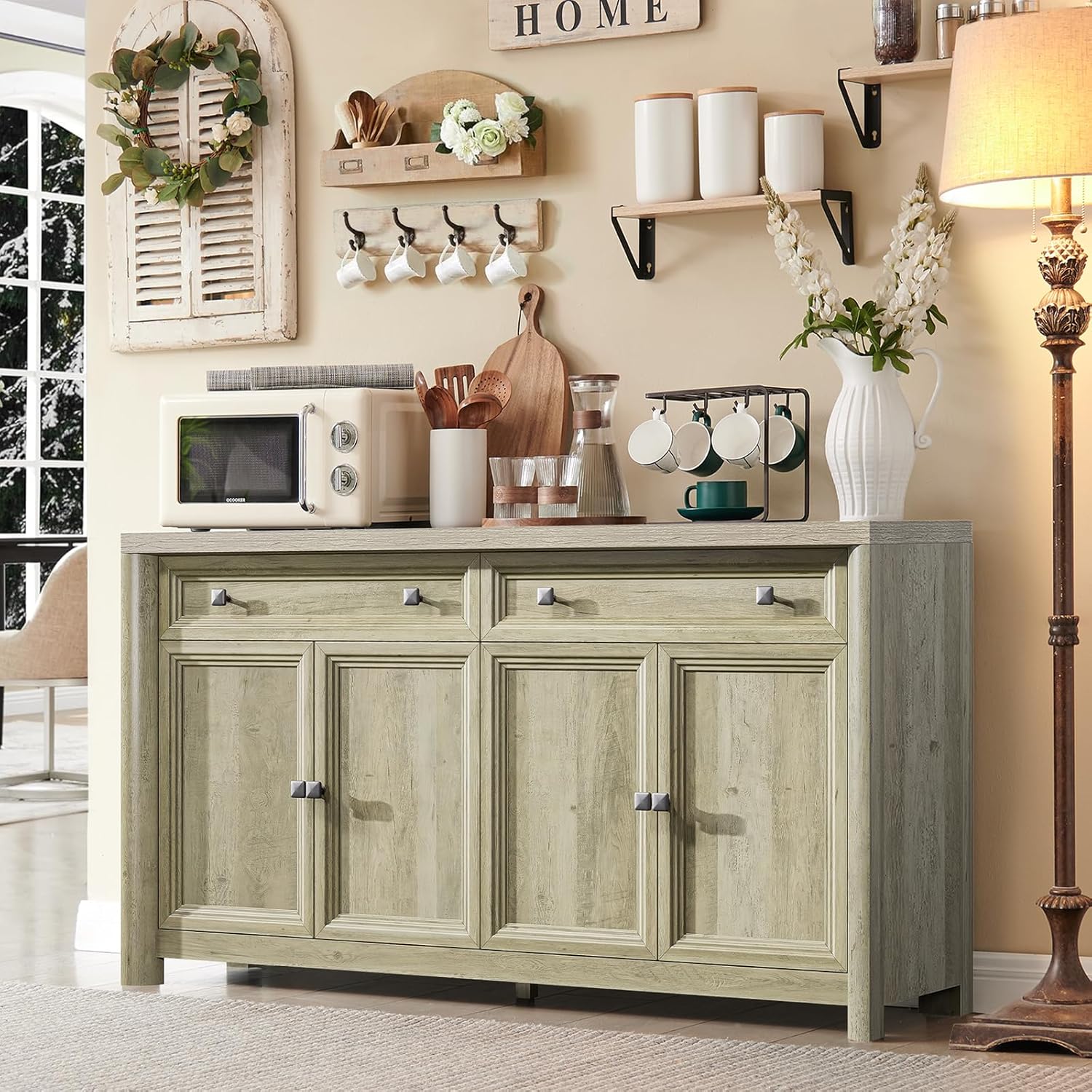 Standifurno Farmhouse Buffet Cabinet with Storage, 59" Large Sideboard Credenza with Adjustable Shelves & 4 Doors, Wood Rustic Kitchen Coffee Bar Console for Table Living Room, Natural
