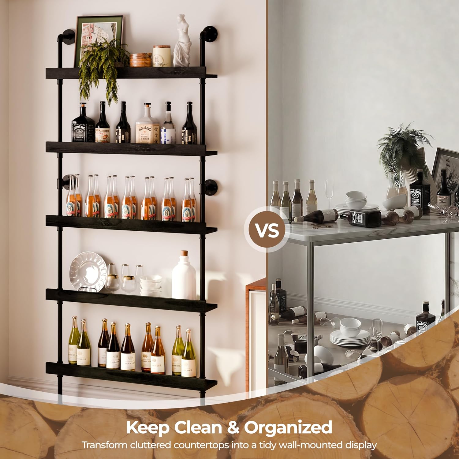Industrial Wine Rack Wall Mounted, Industrial Pipe Bar Shelf for Wine Display, 5-Tier Rustic Hanging Organizer for Wine Bottle Storage in Kitchen, Bar, Pub, Cellar(Black, 36 Inch)