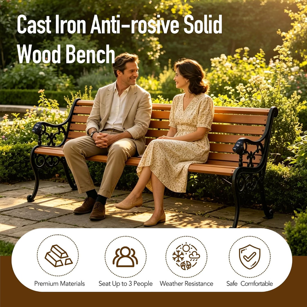 Outdoor Garden Bench, 59in Weatherproof Patio Bench with Cast Iron Backrest, Solid Wood Seat & Protective Cover, 570 LBS Capacity, Easy Assembly Park Bench for Yard/Deck/Porch(Black)