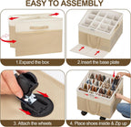 2 Pack Large Shoe Organizer for Closet, 32 Pairs Shoe Storage Box with 360° Wheels & Reinforced Handles, Adjustable Dividers, Clear Cover, Side Pocket, Foldable Oxford Fabric Bin for Entryway, Beige