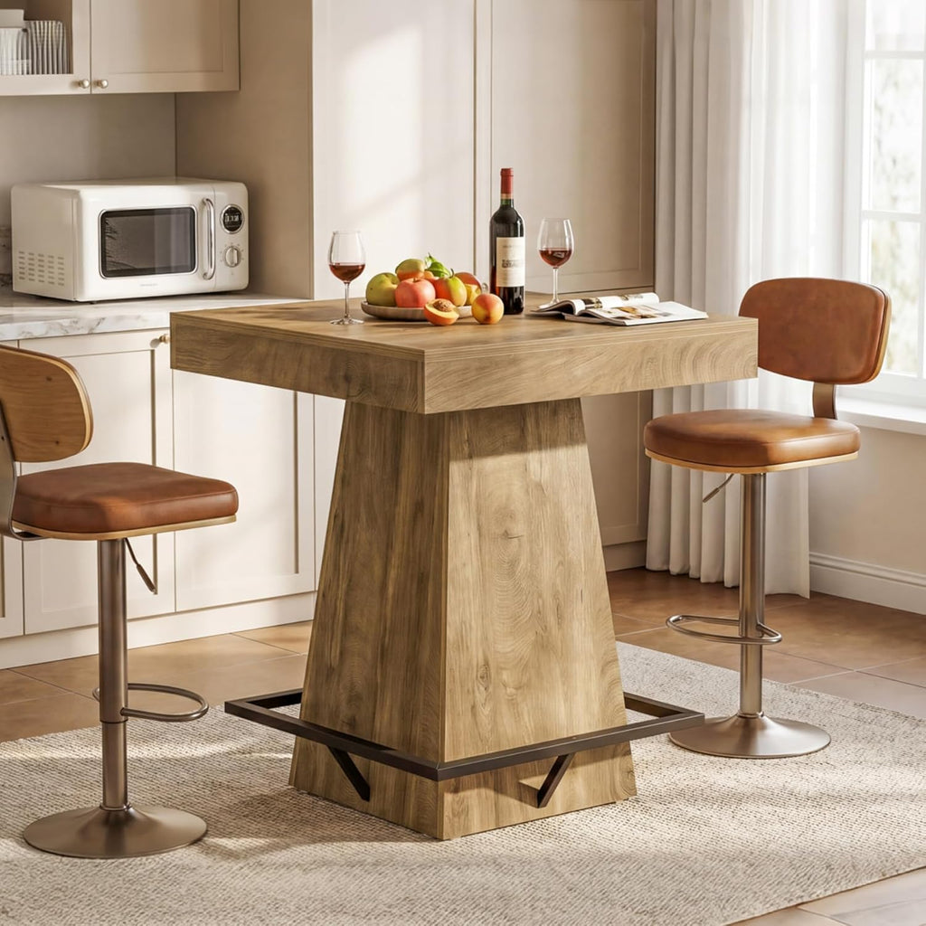 Tribesigns Square Bar Table, 37.4-Inch High Pub Table with Metal Footrest for Small Bars, Dining Room, Bistro, Kitchen, Light Brown(Only Table)