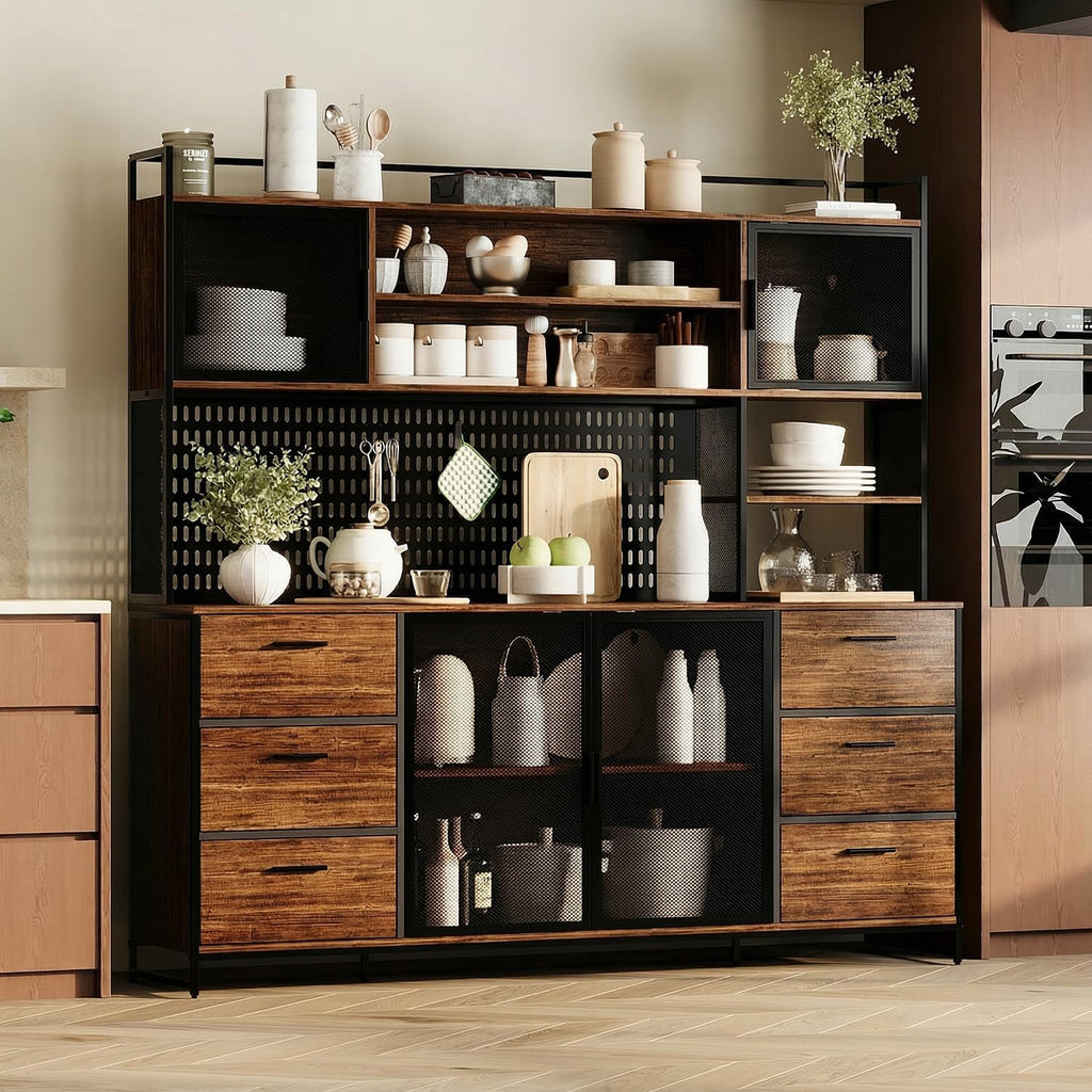 WOODTIME 70.9" W Kitchen Pantry Cabinet with Hutch, Pegboard & Microwave Stand, Large Cupboard Storage Cabinet with 6 Drawers, 4 Metal Mesh Doors & Open Shelves for Kitchen Dining Room, Black & Brown