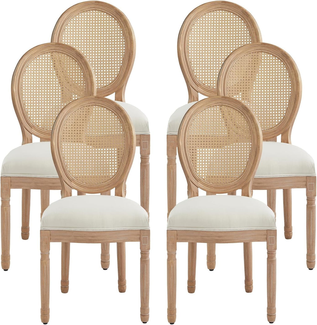 Nrizc Farmhouse Fabric Dining Room Chairs Set of 6, French Chairs with Round Back, Woven Rattan Dining Chair, Oval Side Chair for Dining Room/Kitchen/Restaurant