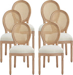 Nrizc Farmhouse Fabric Dining Room Chairs Set of 6, French Chairs with Round Back, Woven Rattan Dining Chair, Oval Side Chair for Dining Room/Kitchen/Restaurant