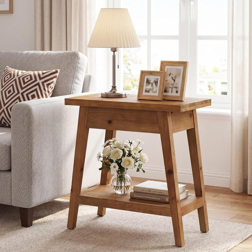 End Table for Living Room, 2-Tier Solid Wood Side Table with Storage, Farmhouse Rectangle Nightstand for Bedroom, Living Room, Small Spaces (Natural Brown) (1)