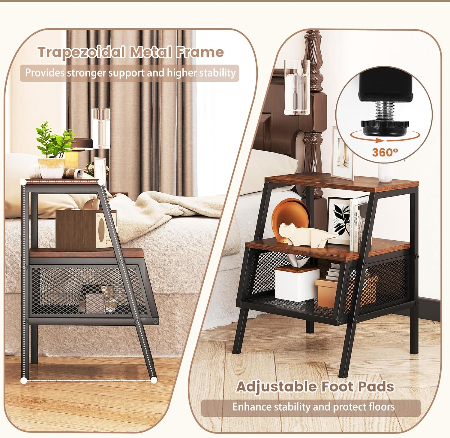 Giantex Industrial Nightstand, Modern End Table w/Open Shelves & Metal Mesh, 3-Tier Sofa Side Table w/Sturdy Trapezoidal Metal Frame, Night Stand for Bedroom, Small Spaces, Rustic Brown (1)