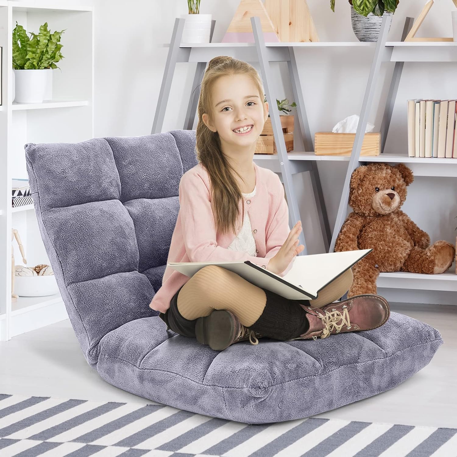 Giantex Folding Floor Chair with Back Support, 14 Adjustable Position, Padded Sleeper Bed, Couch Recliner, Gaming Floor Chairs for Adults, Meditation, Living Room (Grey)