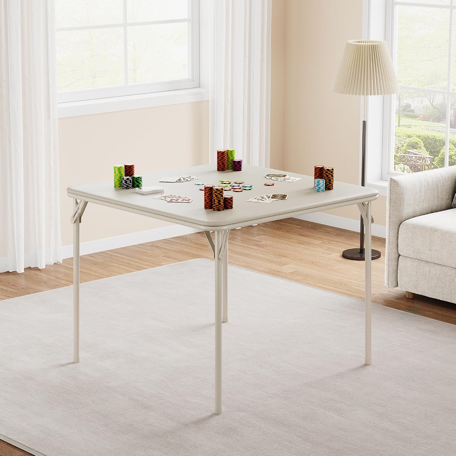 33.6'' Folding Square Card Table, Portable Card Table with Folding Legs & PU Leather Surface, Lightweight Foldable Puzzle Tables for Dining Room, Living Room, Office, Camping, Beige(Table Only)