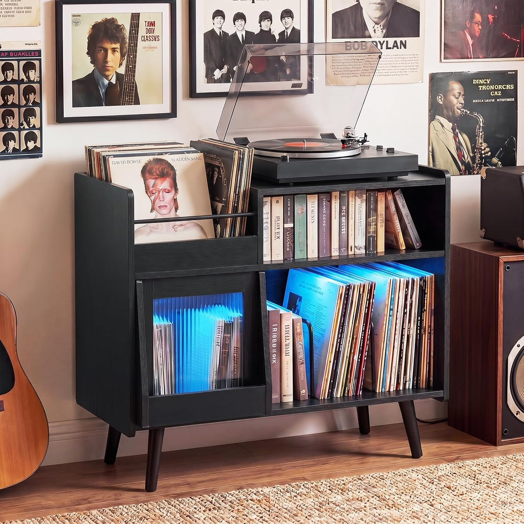 Giantex Large Record Player Stand with LED Light, Mid Century Modern Turntable Stand w/Sliding Door, Charging Station & Plastic Leg, Record Player Table, Vinyl Record Storage for Living Room (Black)