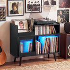 Giantex Large Record Player Stand with LED Light, Mid Century Modern Turntable Stand w/Sliding Door, Charging Station & Plastic Leg, Record Player Table, Vinyl Record Storage for Living Room (Black)