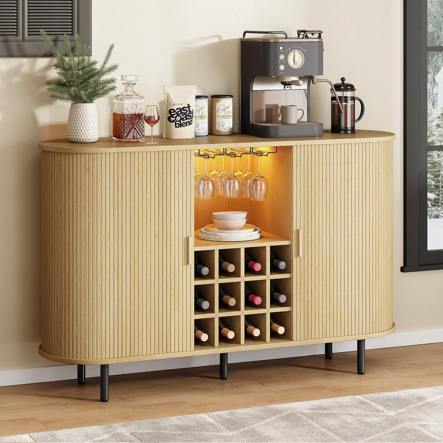 ONBRILL 55" Wine Bar Cabinet with LED Light,Modern Liquor Whiskey Coffee Station with Wine Rack and Glass Holder, Farmhouse Buffet Sideboard with Storage for Living Room, Kitchen, Entryway (Oak)