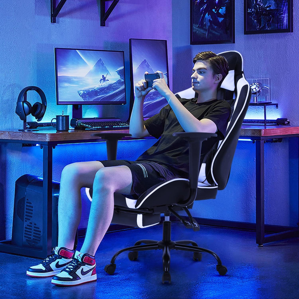 Gaming Chair Computer Chair Ergonomic Gaming Chair with Footrest Reclining High Back Video Game Chair with Lumbar Support Headrest Armrest Swivel Seat for Teen (White)