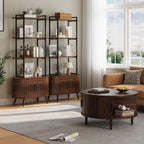 Airynee 69'' Tall Bookshelf, 4-Tier Fluted Bookshelf, Storage Cabinet with Sliding Tambour Doors, Modern Bookcase with Adjustable Footpad & Metal Frame, for Living Room Home Office, Walnut