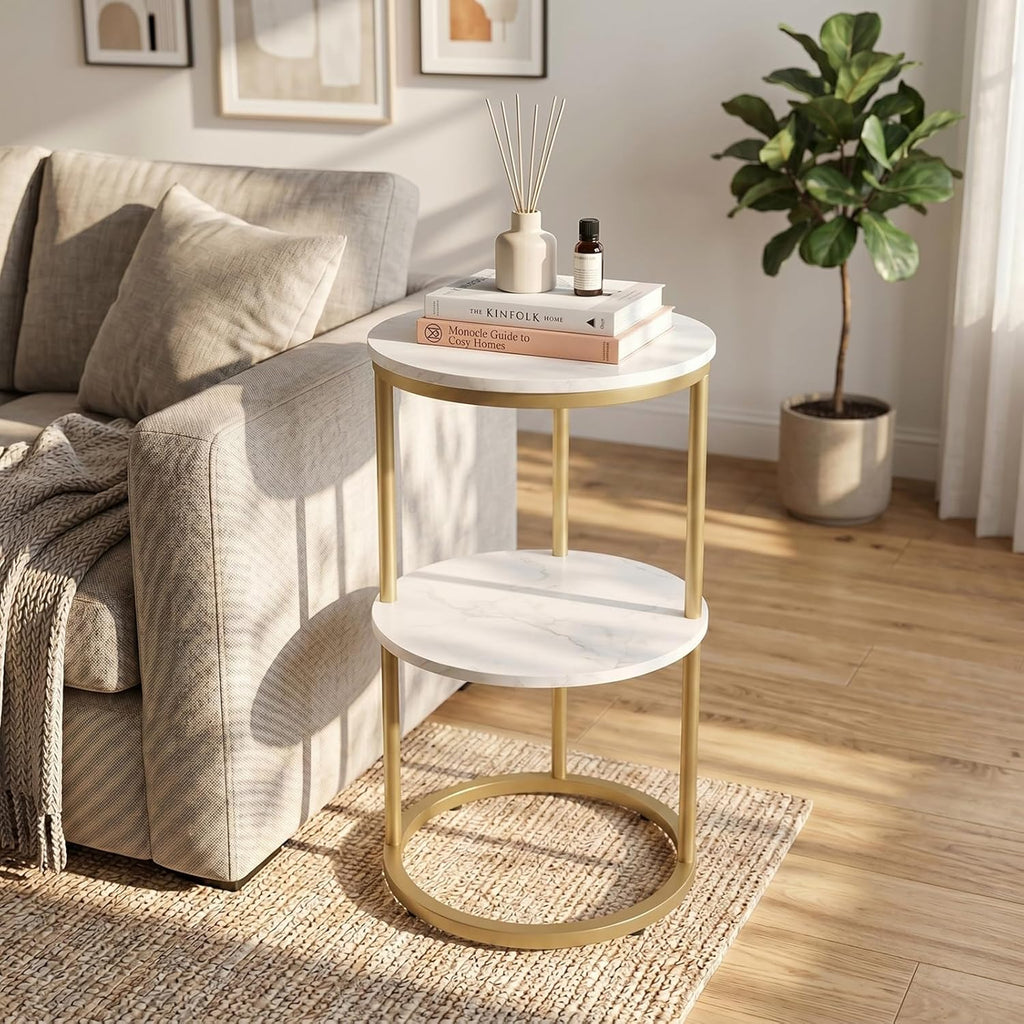 C Shaped end Table,2 Tier Wood Round Side Table for Couch,Small Sofa Table with Metal Frame for Bedroom,Living Room,Bedside,Gold(11.8" D x 11.8" W x 22.9" H)