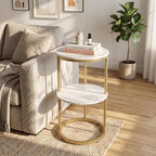 C Shaped end Table,2 Tier Wood Round Side Table for Couch,Small Sofa Table with Metal Frame for Bedroom,Living Room,Bedside,Gold(11.8" D x 11.8" W x 22.9" H)