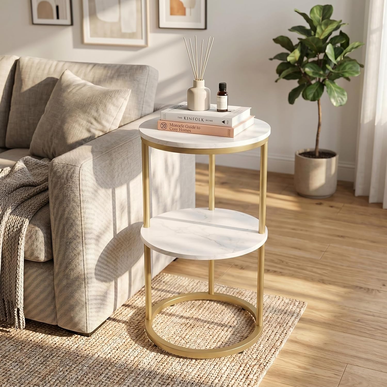 C Shaped end Table,2 Tier Wood Round Side Table for Couch,Small Sofa Table with Metal Frame for Bedroom,Living Room,Bedside,Gold(11.8" D x 11.8" W x 22.9" H)