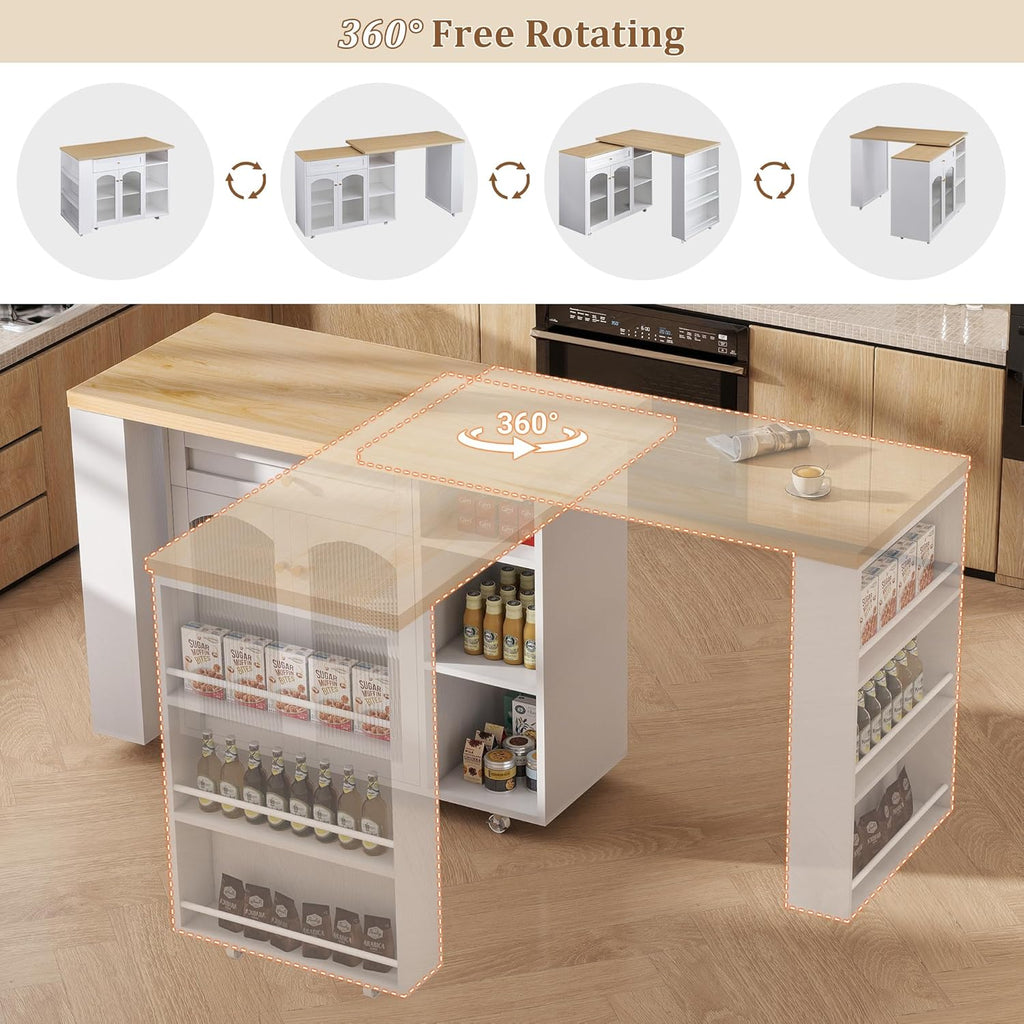 LYNCOHOME 71.1" Rolling Kitchen Island with 360° Rotating Tabletop, Mobile Lockable Wheels & Adjustable Shelves, Multifunctional Storage Cart for Kitchen & Dining（White）