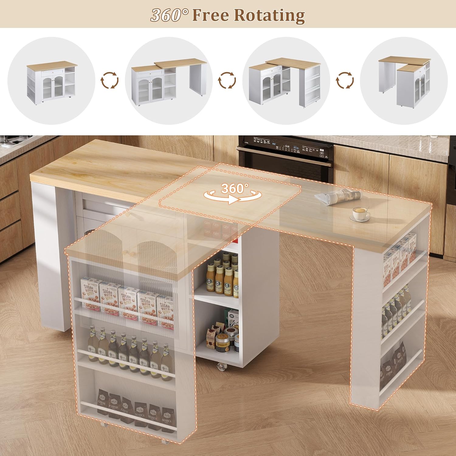 LYNCOHOME 71.1" Rolling Kitchen Island with 360° Rotating Tabletop, Mobile Lockable Wheels & Adjustable Shelves, Multifunctional Storage Cart for Kitchen & Dining（White）