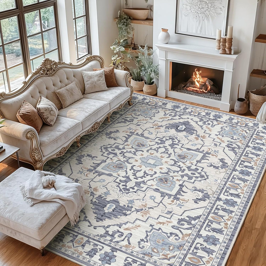 DUMOS 9x12 FT Large Area Rug for Living Room, Machine Washable Low-Pile Rug with Non-Slip Backing, Durable Edge Binding for Dining Room, Bedroom, Vintage Blue
