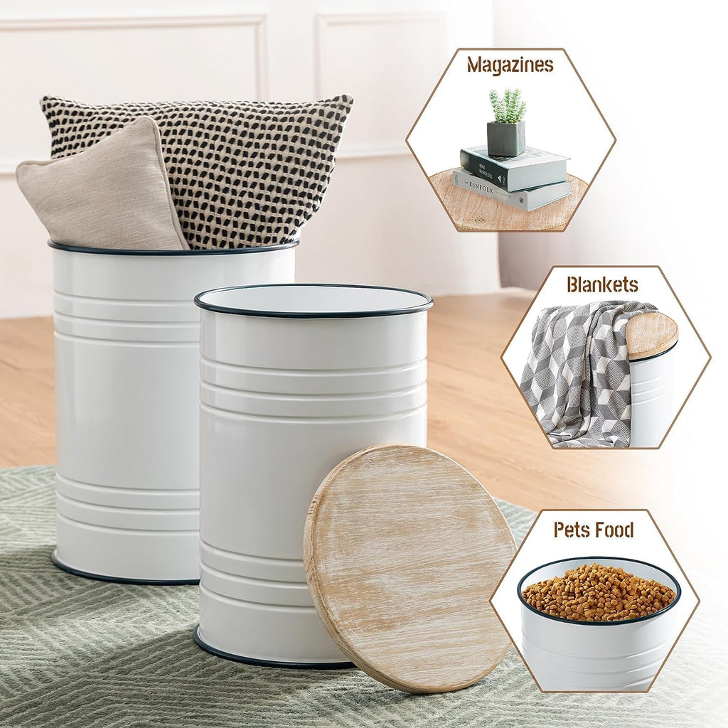 Glitzhome Nesting Tables for Living Room, Round Coffee Tables Set of 2, Metal Farmhouse Small Accent End Table with Storage and Lid for Bedroom Office Plant Stander, White