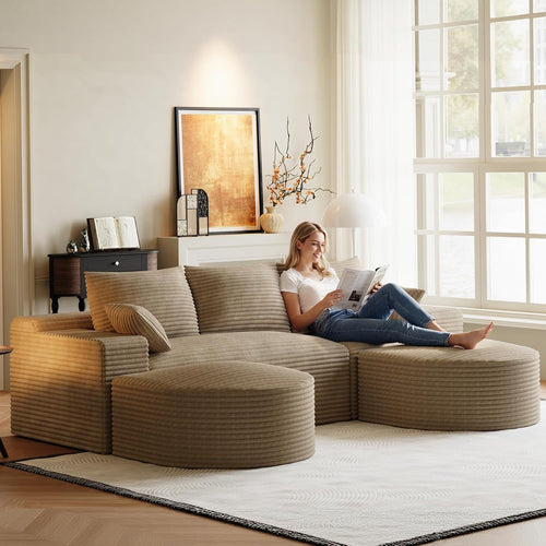 108" U-Shaped Boneless Couches for Living Room,Comfy Fluffy Cloud Sectional Couch with Curved Ottoman, Modern Plush Corduroy Deep Seat Modular Sectional Sofa for Small Spaces, Light Brown