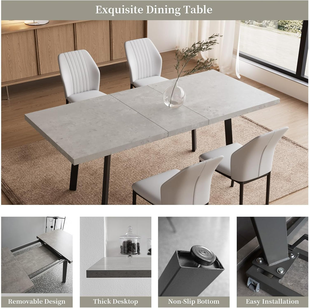 Zerifevni 47.2"- 62.9" Extendable Dining Table Set for 6, Modern Kitchen Table with 6 PU Leather Chairs, Thickened Expandable MDF Wooden Table with Metal Legs for Dining Room, Kitchen, Office