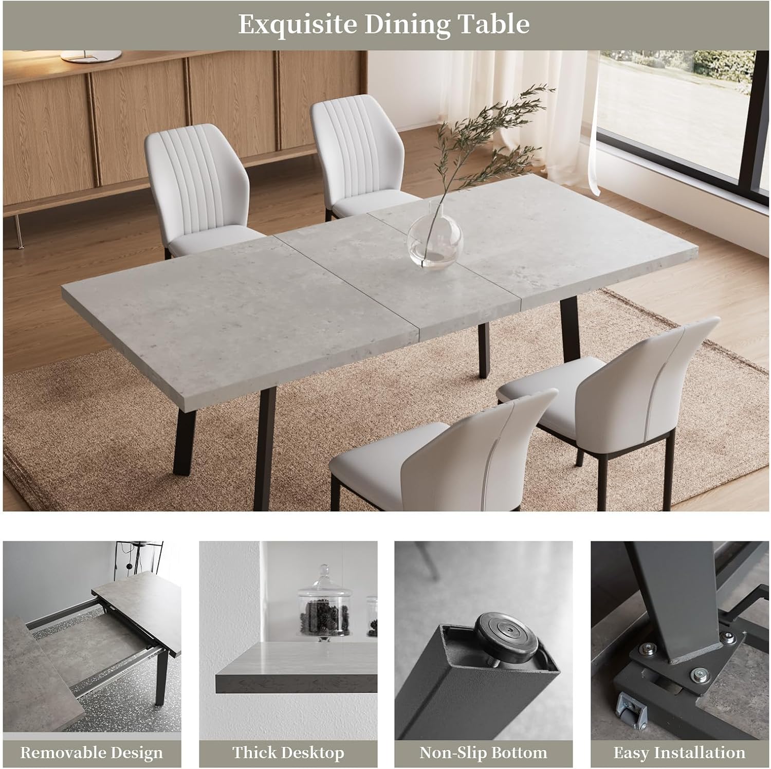 Zerifevni 47.2"- 62.9" Extendable Dining Table Set for 6, Modern Kitchen Table with 6 PU Leather Chairs, Thickened Expandable MDF Wooden Table with Metal Legs for Dining Room, Kitchen, Office
