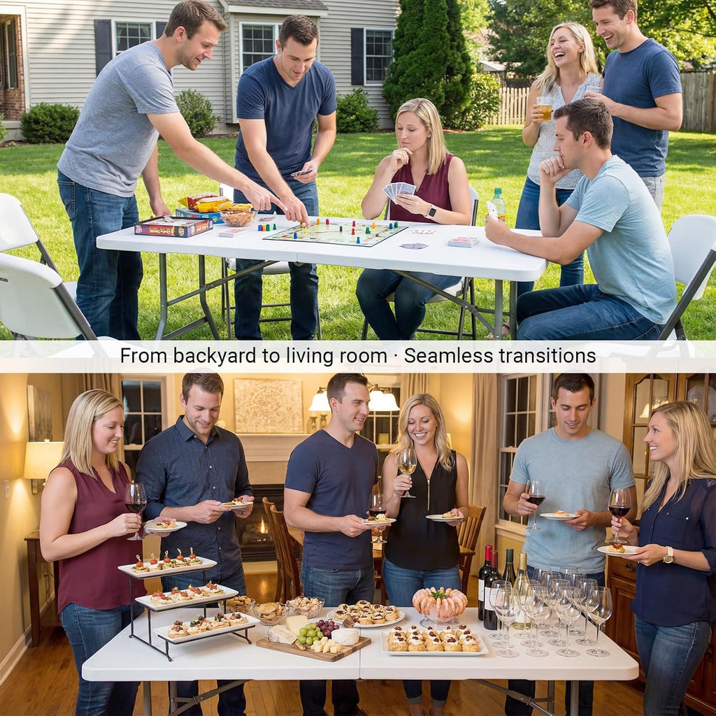Byliable Folding Table 6ft, Heavy Duty Portable Plastic Fold-in-Half Utility Table with Carrying Handle for Indoor Outdoor, Camping Picnic Party, White