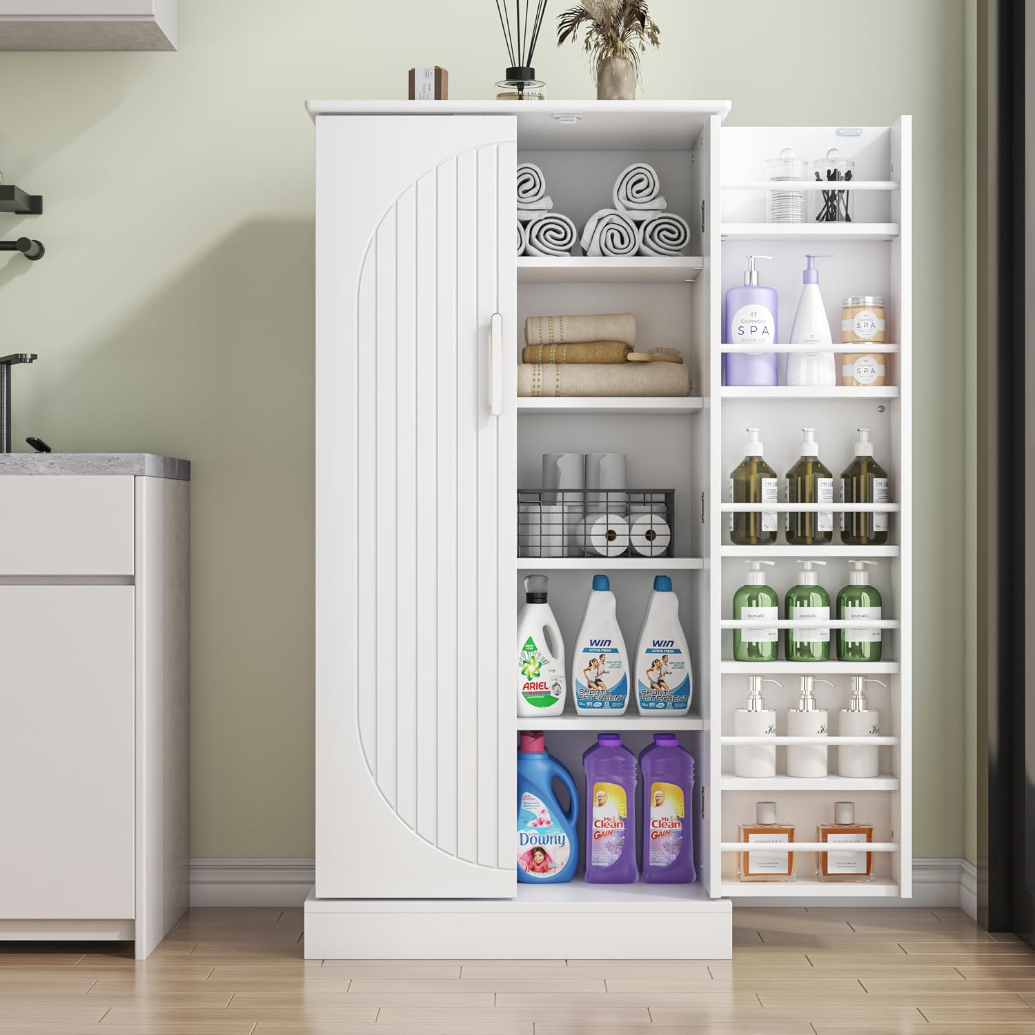 kepptory Kitchen Pantry Cabinet 47" H, Farmhouse Storage Cabinet with Adjustable Shelves and Drawer, Buffet Cupboards Sideboard for Kitchen, Dining Room, Living Room (White, 16" D x 24" W x 47" H)