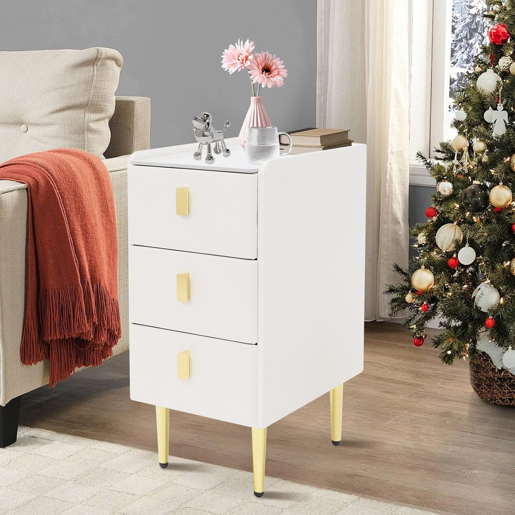 3-Layers Narrow Bedside Table, Space-Saving Living Room End Table with 3 Drawers, Leather Small Solid Wood Side Table with Support Legs for Small Spaces Bedroom (Off-White)