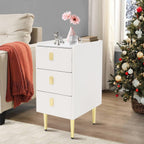 3-Layers Narrow Bedside Table, Space-Saving Living Room End Table with 3 Drawers, Leather Small Solid Wood Side Table with Support Legs for Small Spaces Bedroom (Off-White)