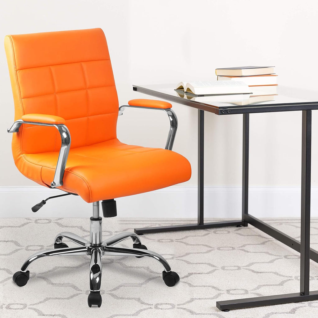 EMMA + OLIVER Mid-Back Orange Vinyl Executive Swivel Office Chair with Chrome Base and Arms