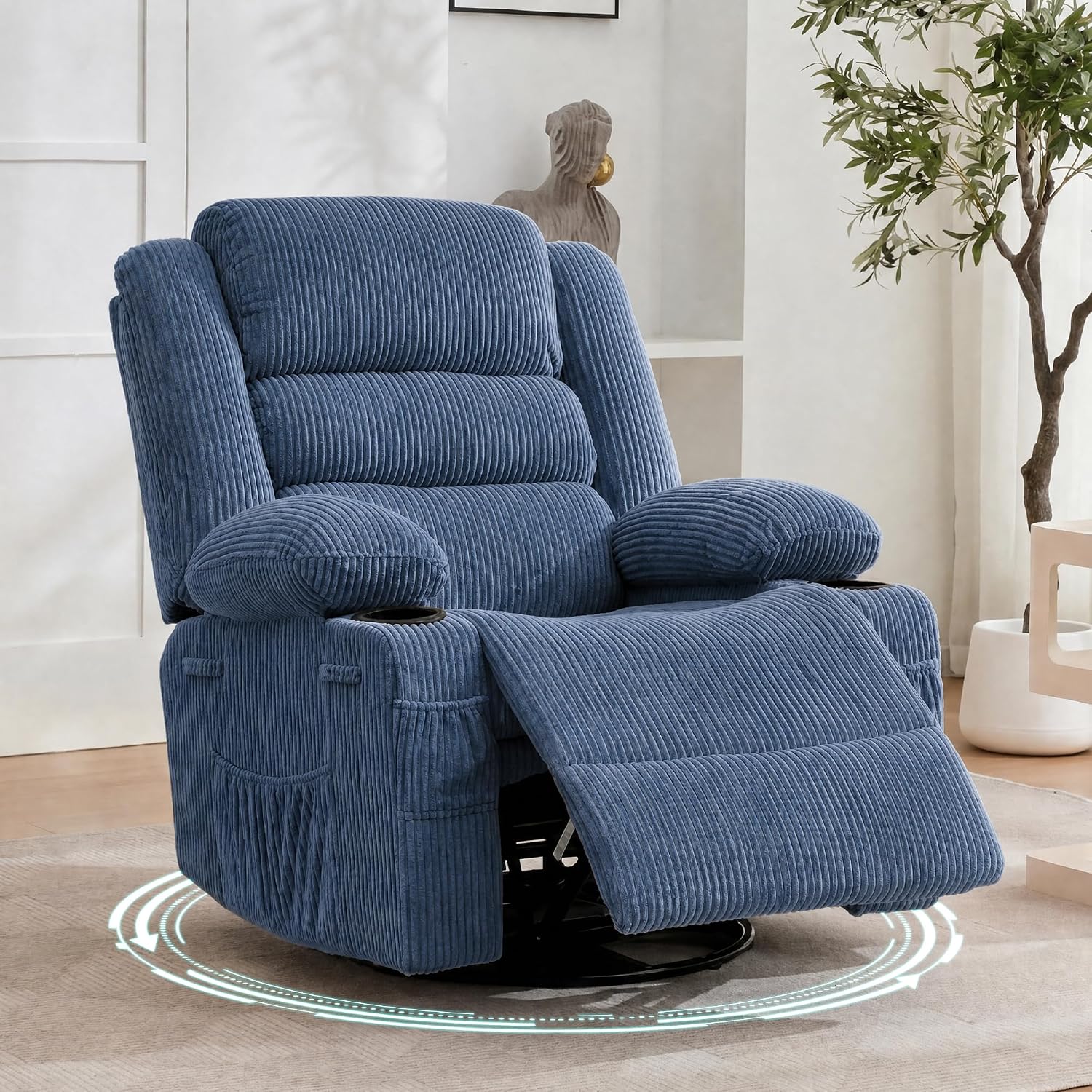 Rocking Recliner Chair for Adults Wide 360° Swivel Rocker Recliner with Cup Holder Nursery Glider with Upholstered Deep Seat Corduroy Comfy Single Sofa for Living Room Blue