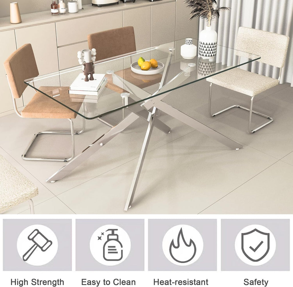7 Piece Glass Dining Table Set, Glass Kitchen Dining Room Table Set for 6, 61" Modern Rectangular Silver Glass Metal Dining Table with 6 White PU Leather Dining Chairs for Kitchen Dining Room