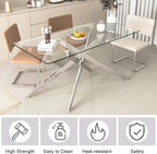 7 Piece Glass Dining Table Set, Glass Kitchen Dining Room Table Set for 6, 61" Modern Rectangular Silver Glass Metal Dining Table with 6 White PU Leather Dining Chairs for Kitchen Dining Room