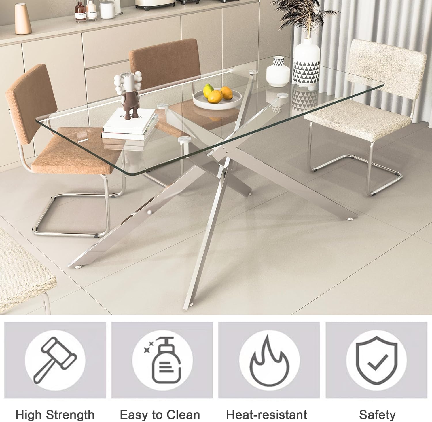 7 Piece Glass Dining Table Set, Glass Kitchen Dining Room Table Set for 6, 61" Modern Rectangular Silver Glass Metal Dining Table with 6 White PU Leather Dining Chairs for Kitchen Dining Room