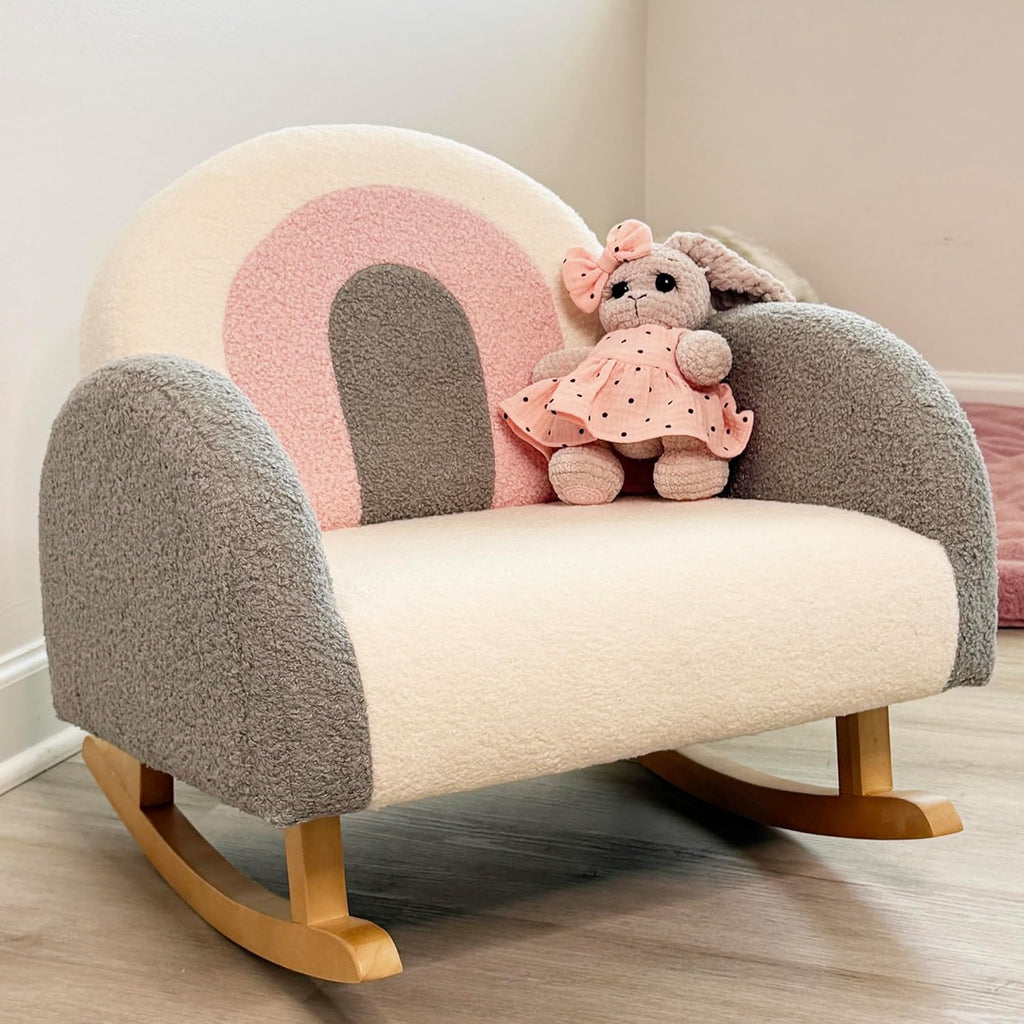 Qaba Kids Sofa, Toddler Rocking Chair with Solid Wooden Frame, Faux Lamb Fleece Fabric, Kids Arm Chair for Nursery or Playroom, Ages 18-36 Months, Gray