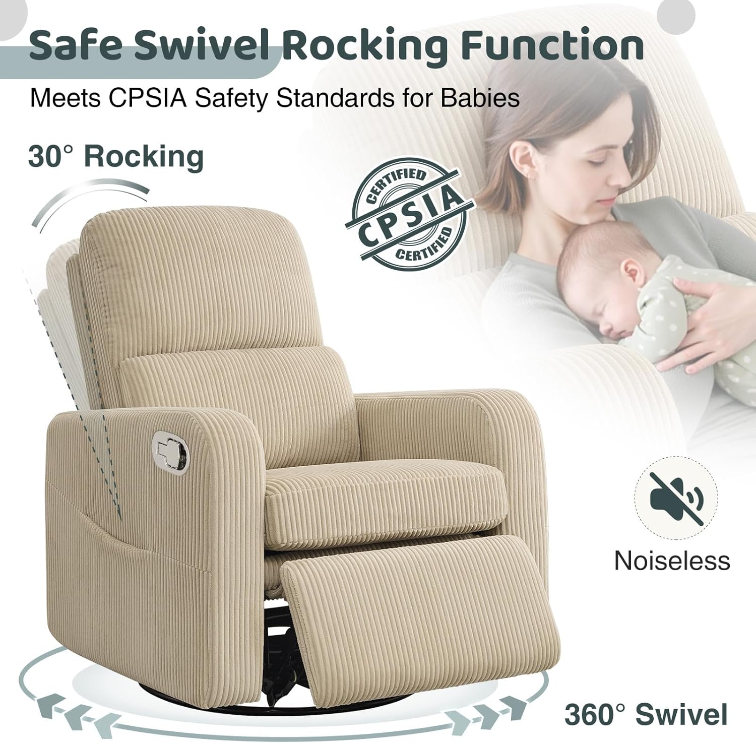 Swivel Rocker Recliner, Oversized Manual Nursery Glider Rocking Recliner Chair with Removable Cushion, Upholstered Swivel Reclining Chair for Nursery Living Room Bedroom, Corduroy Camel
