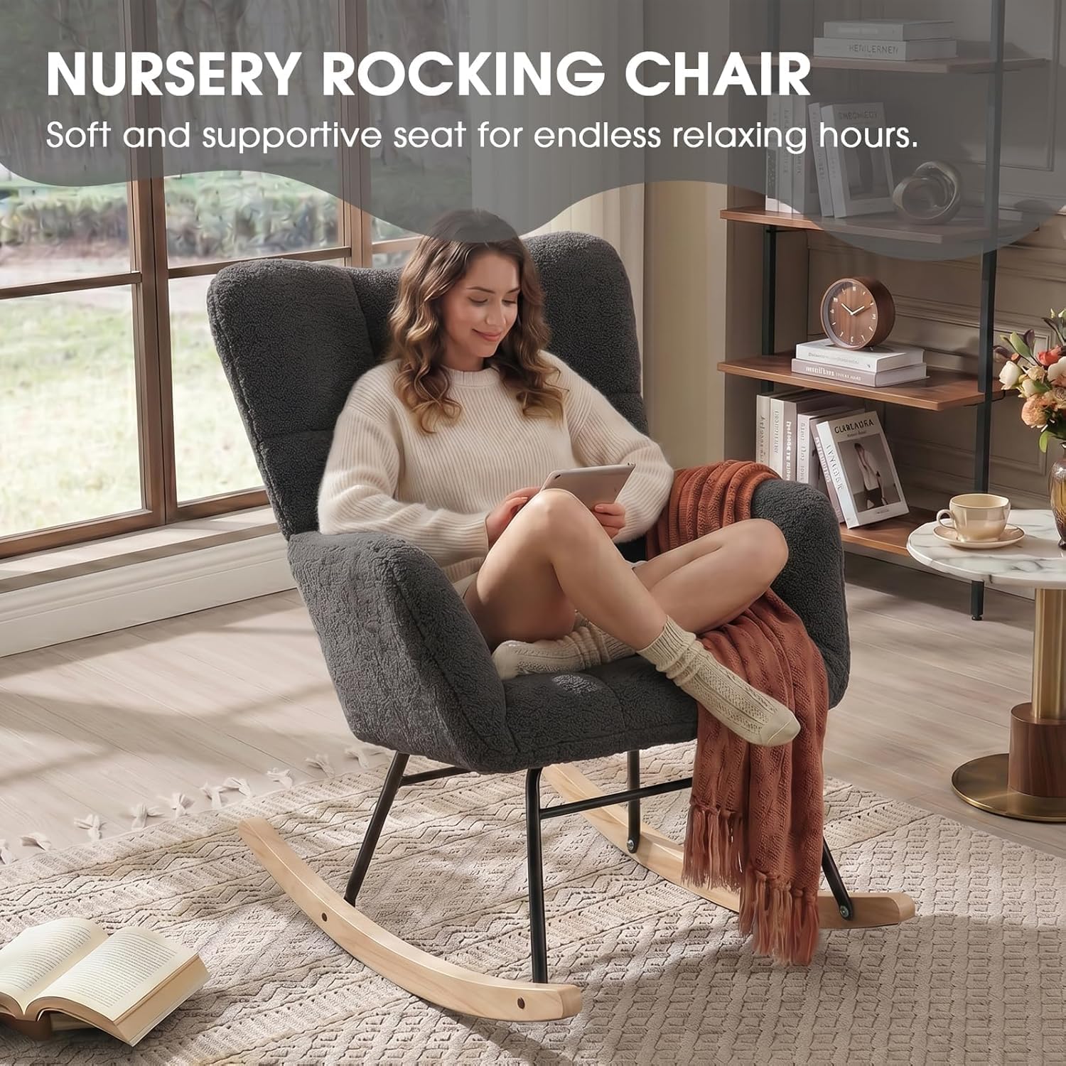 Rocking Chair Nursery, Teddy Upholstered Rocker Glider Chair with High Back, Rocker Recliner with Armrest, Gliding Chair with Thick Cushion, Accent Reading Chair for Bedroom (Deep Gray)