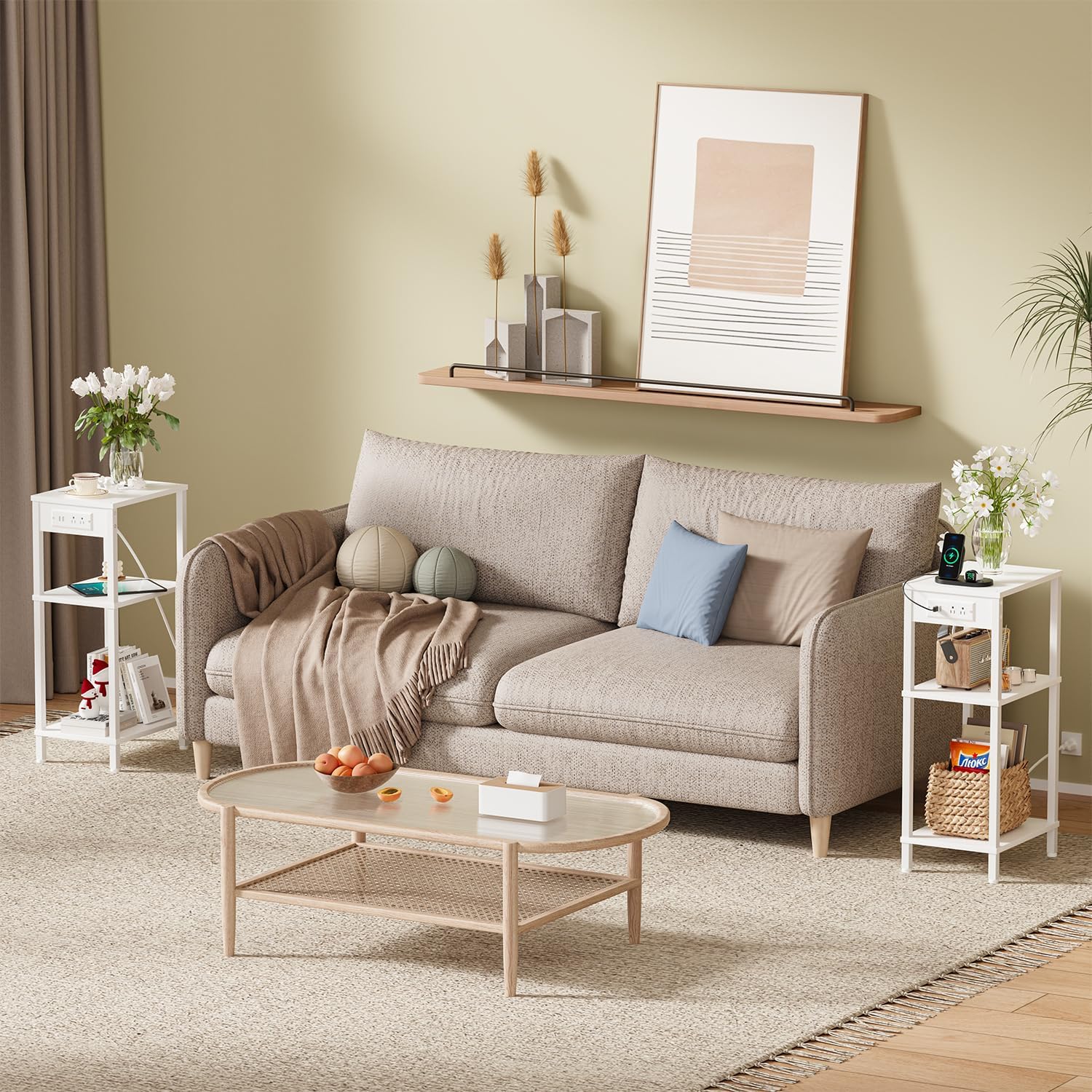 Creso hom Tall End Table with Charging Station and USB Ports, 3 Tier Narrow Tall Bedside Table with Storage, Slim Nightstand with Outlets for Bedroom, Living Room, Nursery, Office, White
