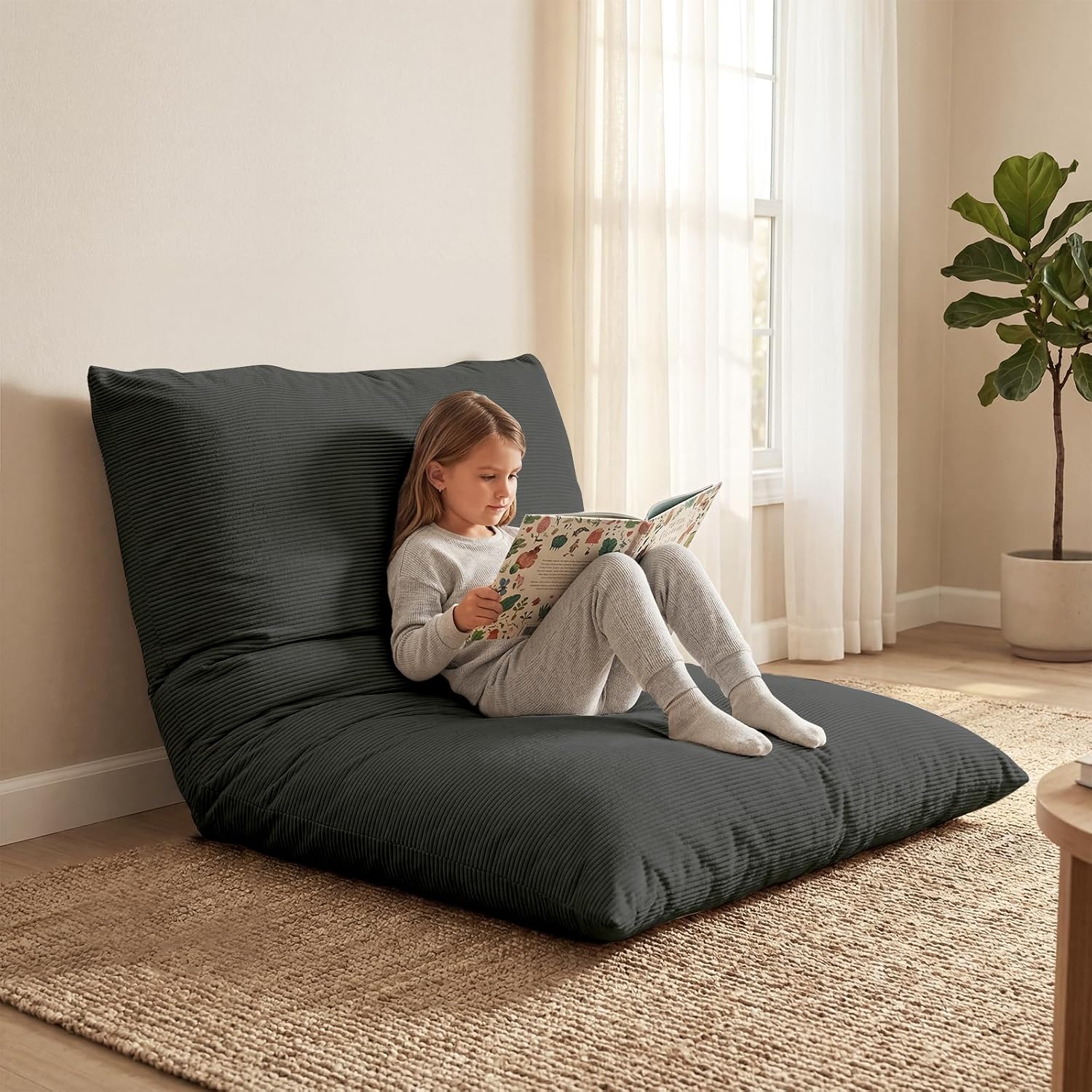 3 in 1 Kids Bean Bag Chair Bed for Kids or Adults, Convertible Chair Folds from Bean Bag Sofa to Lounger, Child Floor Sofa for Gaming, Reading (Grey)