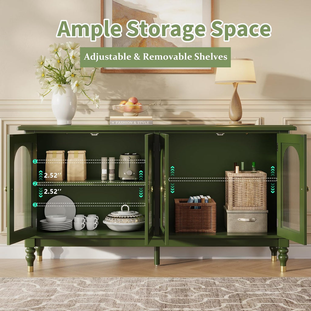 iPormis Fluted Arched Buffet Cabinet with Storage, 59" Vintage Sideboard with Glass Door & Adjustable Shelves, Mid Century Modern Solid Wood Credenza Accent Cabinet for Living Room, Entryway, Green